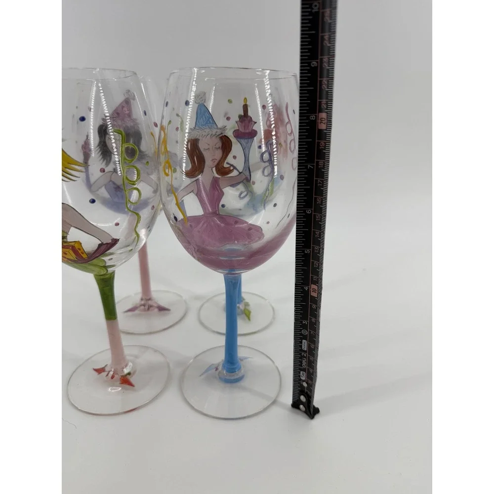 Whimsical Party Girls‎ Hand Painted Wine Glasses Set of 4 Colorful Stemware 9in